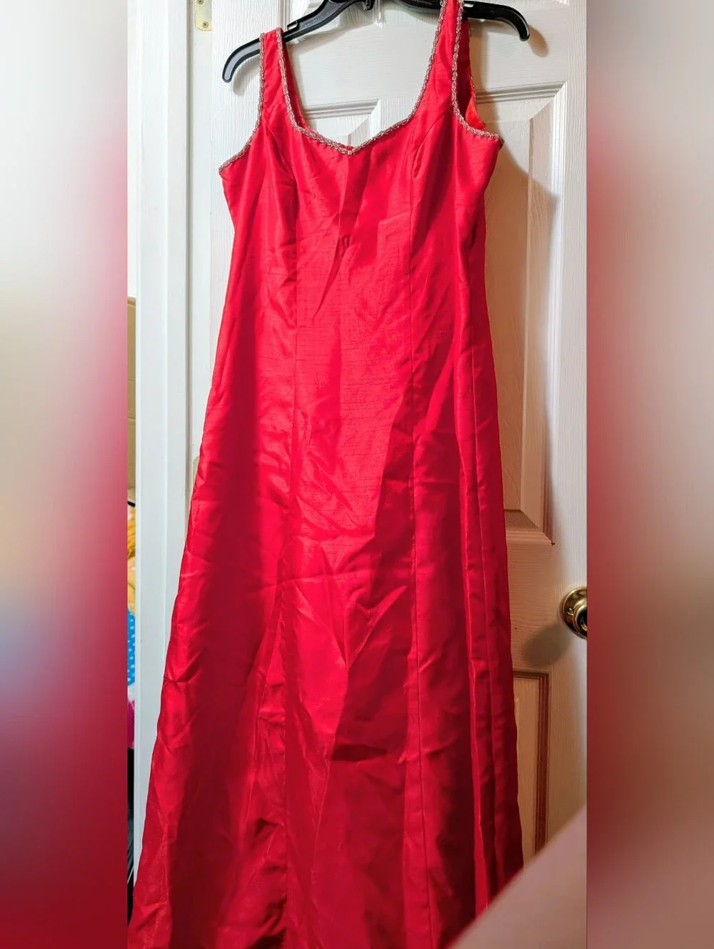 Vintage Red Satin-Like Formal Evening Gown Maxi Dress Beaded Trim Sleeveless - Picture 2 of 7